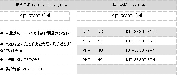 激光传感器KJT-GS30T参数