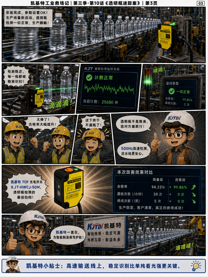 凱基特工業(yè)救場記·第三季收官｜TOF 激光光電傳感器：強(qiáng)光、對位、缺料、雨霧、多規(guī)格、透明瓶，一個(gè)都穩(wěn)！